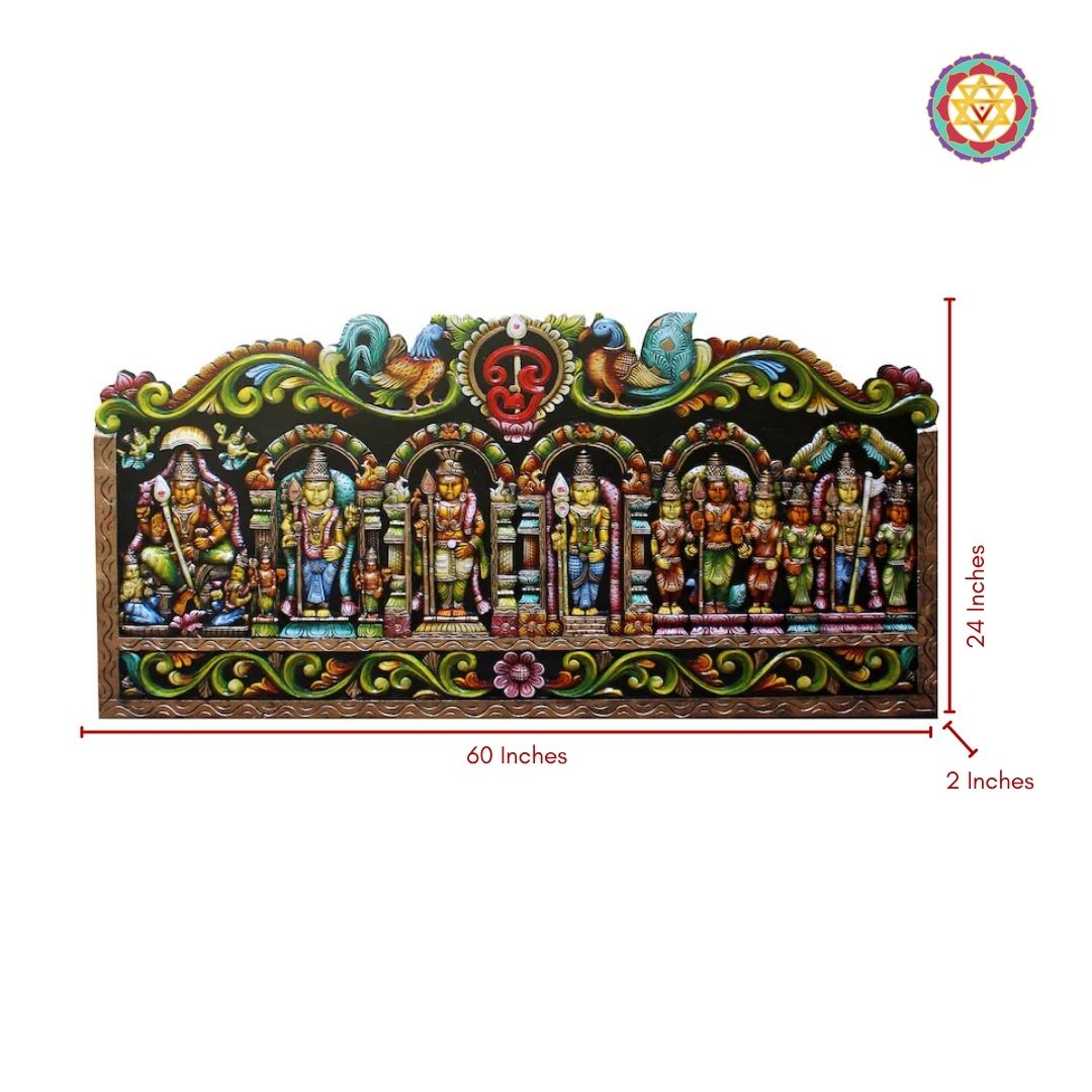 Horizontal Woodcarved 6 temple view Kartike Intricately carved panel/wall hanging