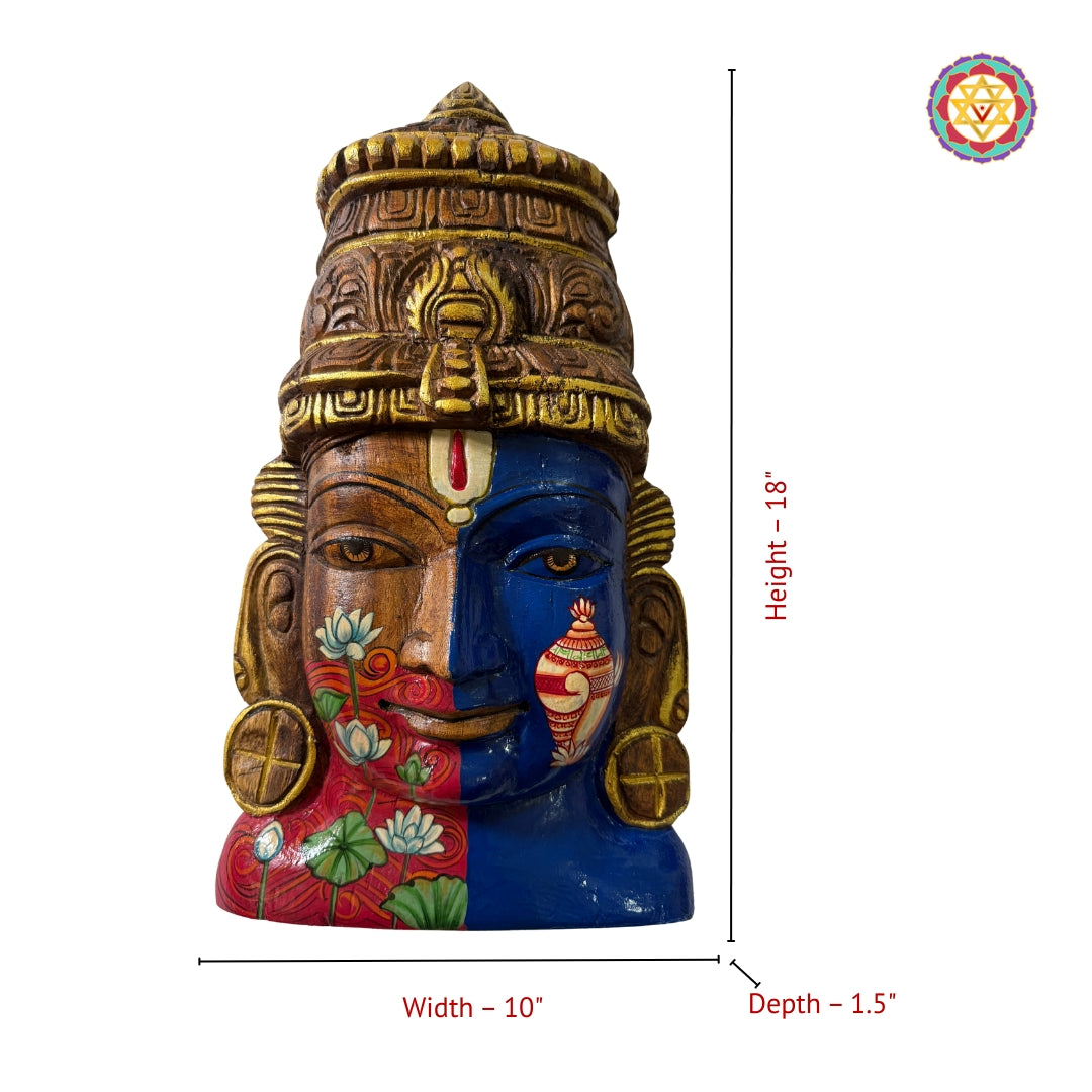 Premium teakwood Vishnu mask artwork with ornate carving and devotional symbols