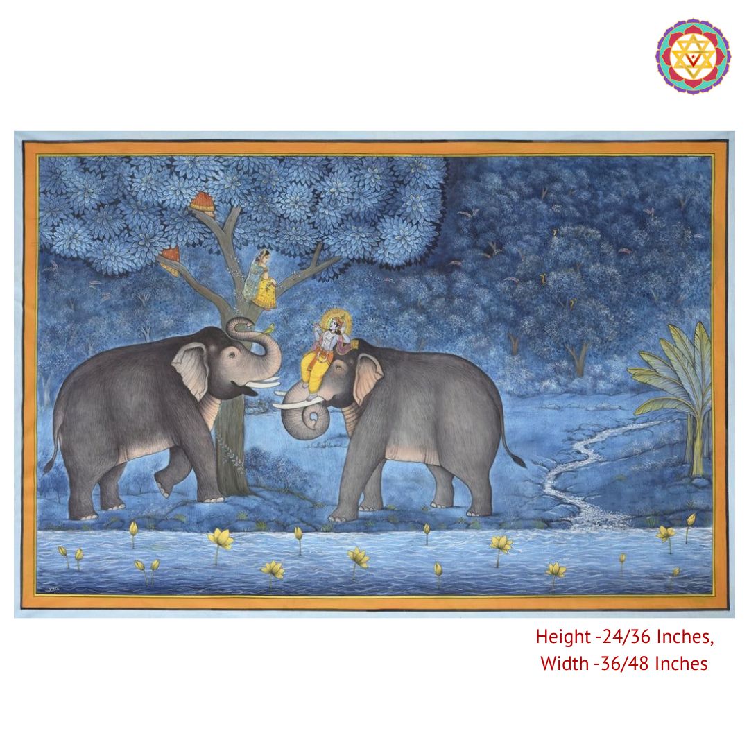 Hand-Painted Pichwai – Krishna with Elephants