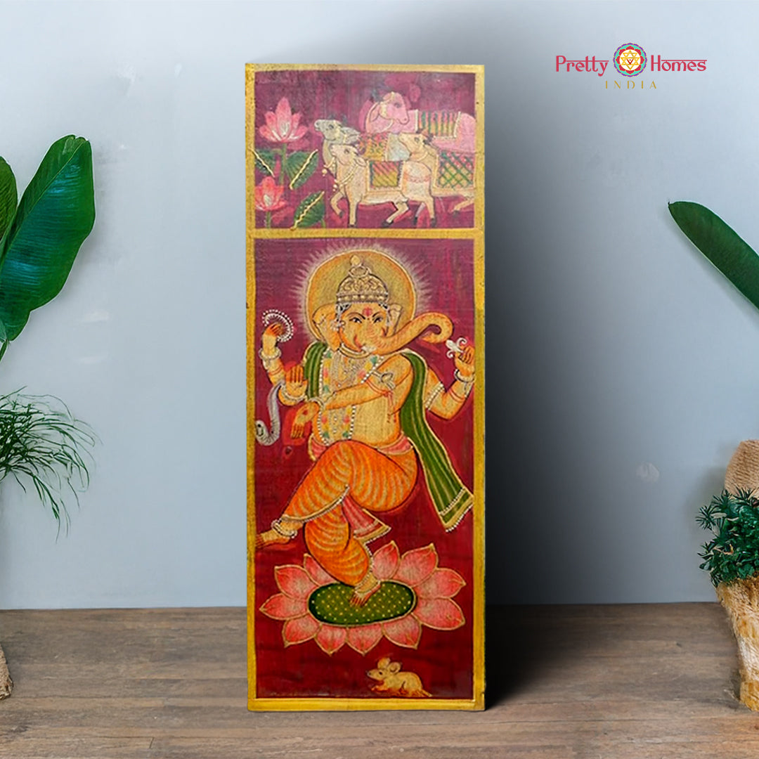 Dancing Ganesha with Cows - 24” Handpainted Pichwai-Style Wood Panel for Heritage Interiors