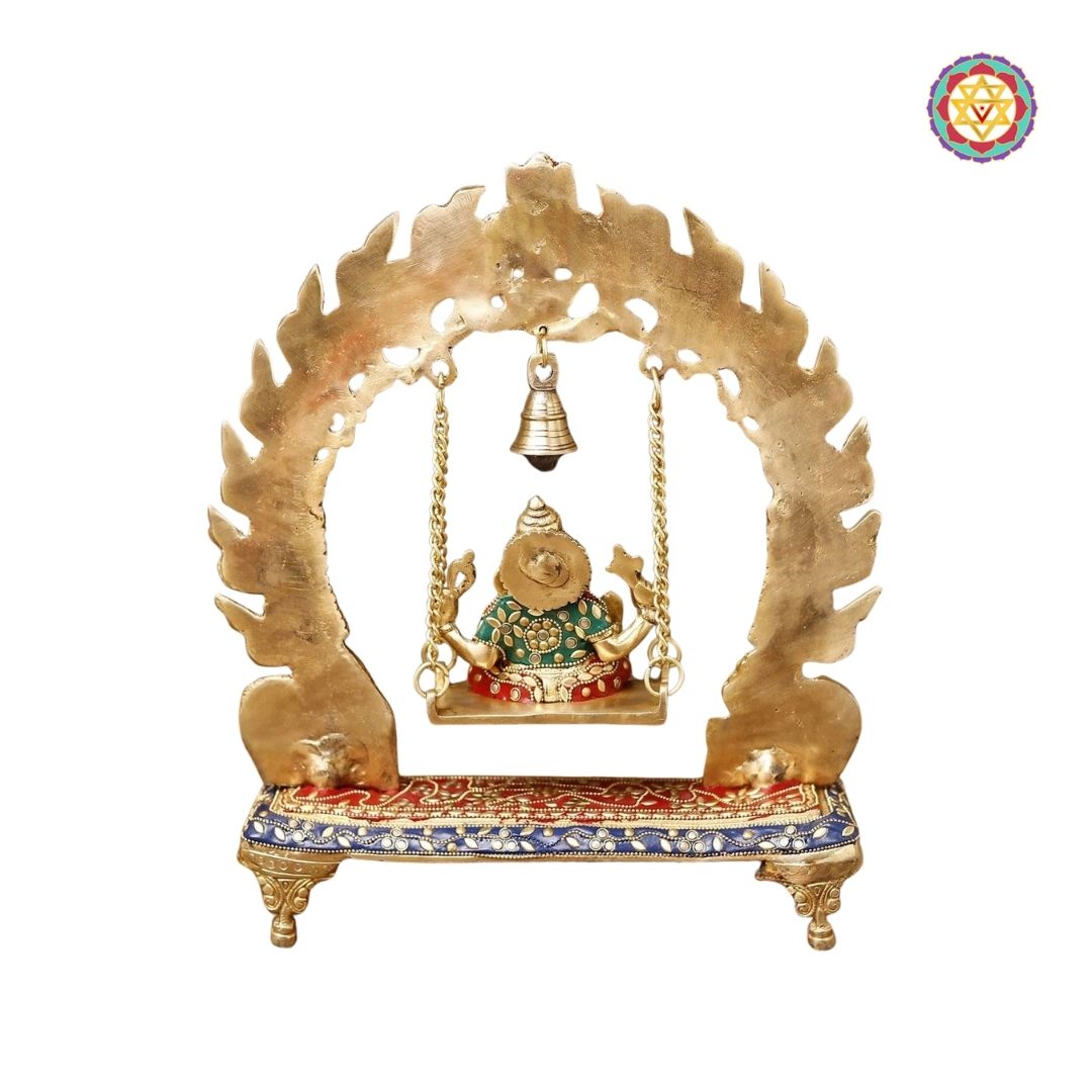 Brass Ganesh Jhula on Swing with Bell, Stone Work, 15”