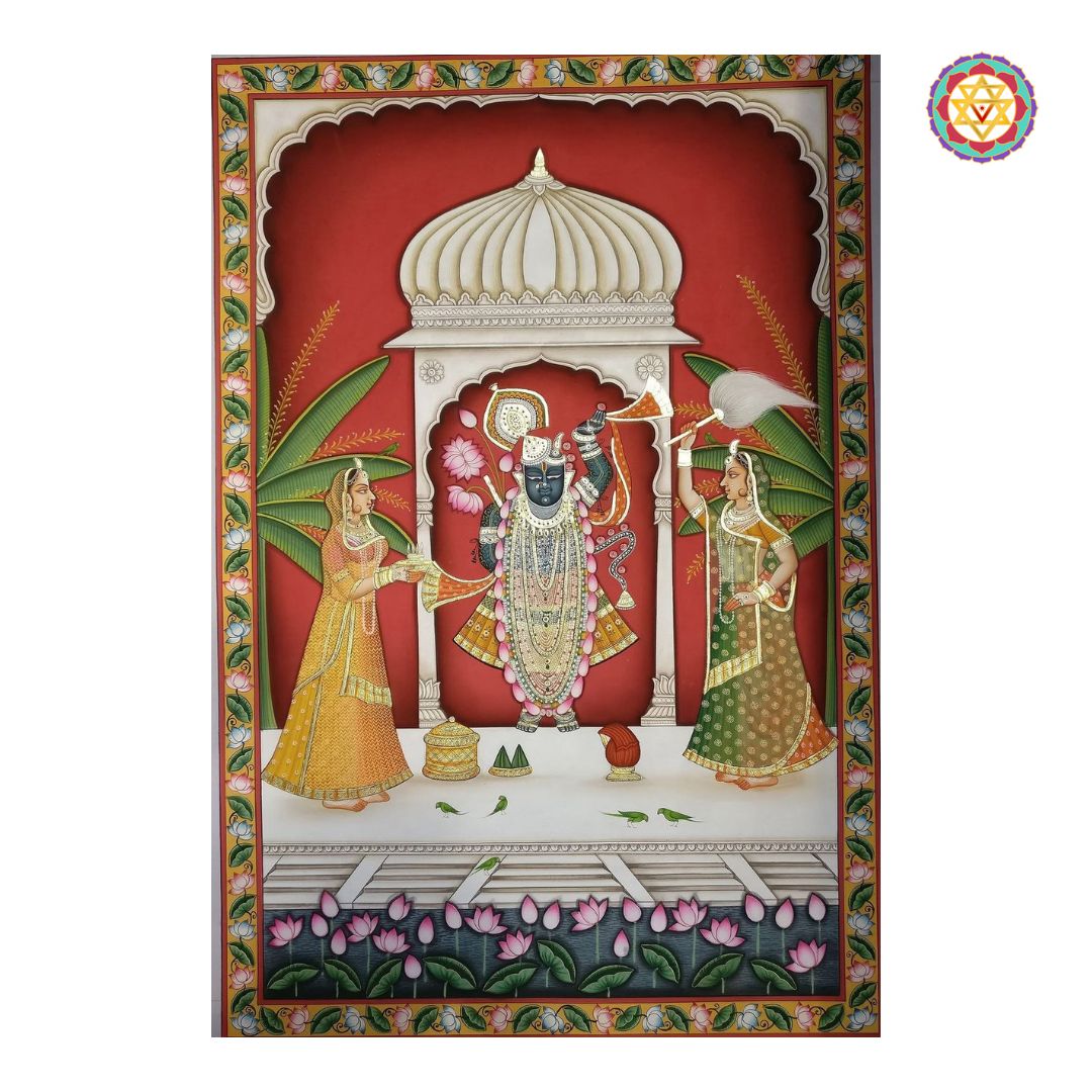 close-up of hand-painted shrinathji darshan pichwai showing fine brushwork and devotional color palette