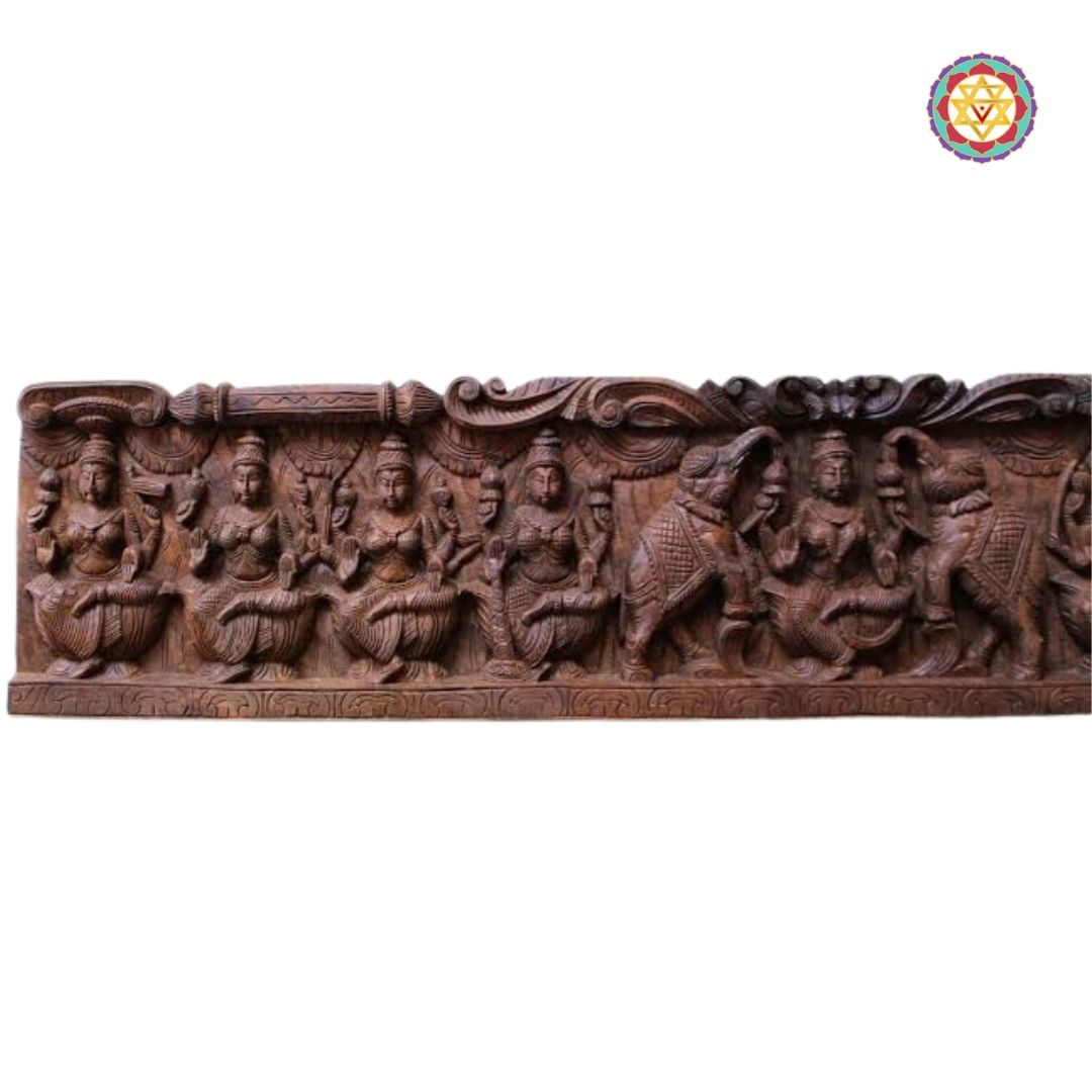 Intricately Carved Horizontal Ashtalakshmi Panel with Gajalakshmi in the Centre – Wall Mountable Divine Art