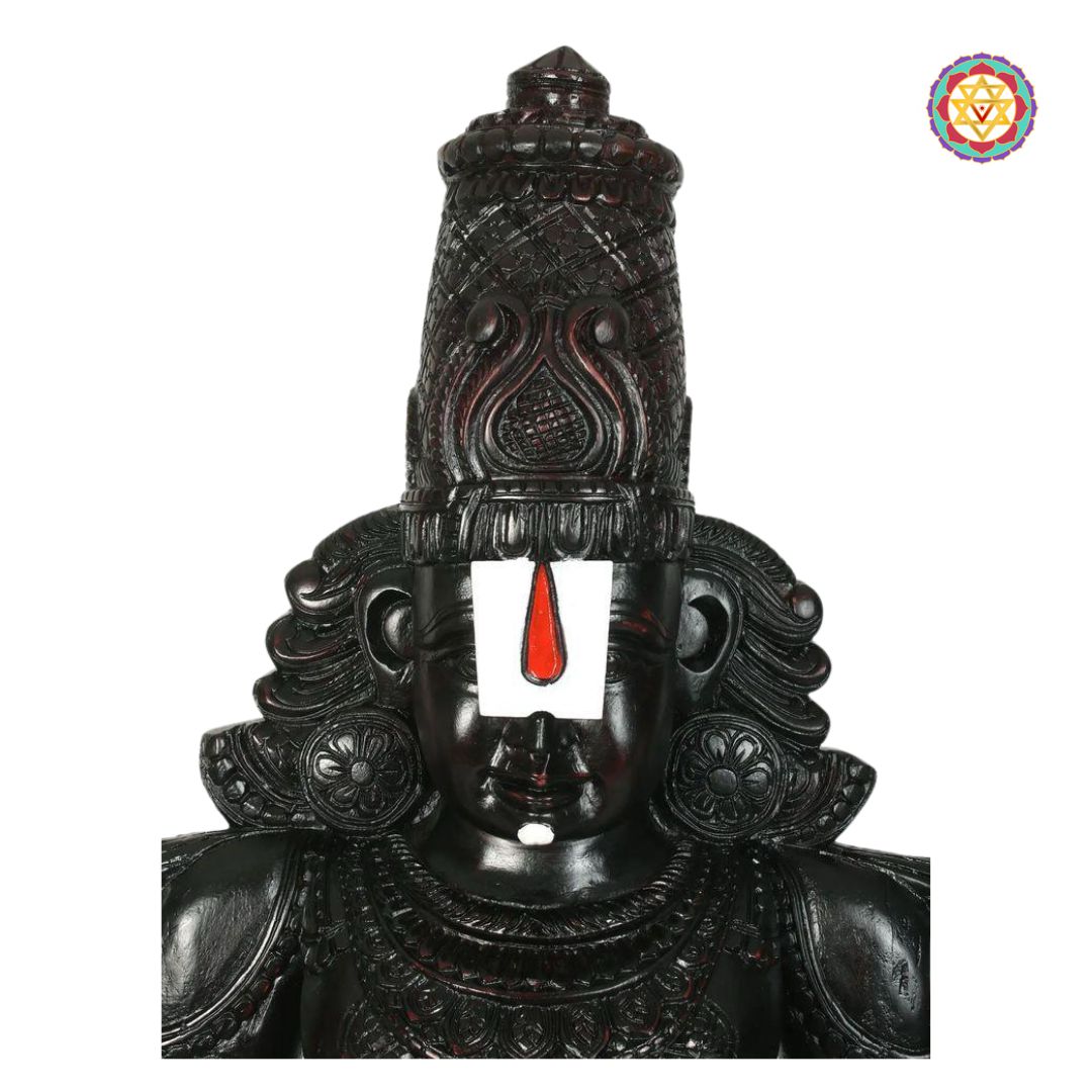 side profile of teakwood balaji highlighting intricate carving on base