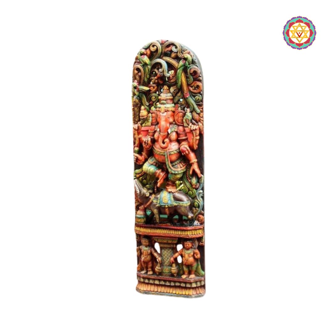 ganesha wooden panel detailed shot highlighting divine elements