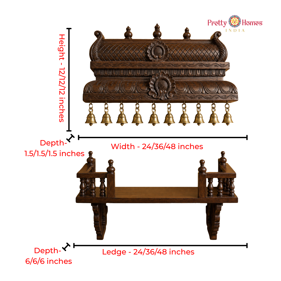 Woodcarved Chettinad-Style Temple Deep Gopuram with Bells & Shelf