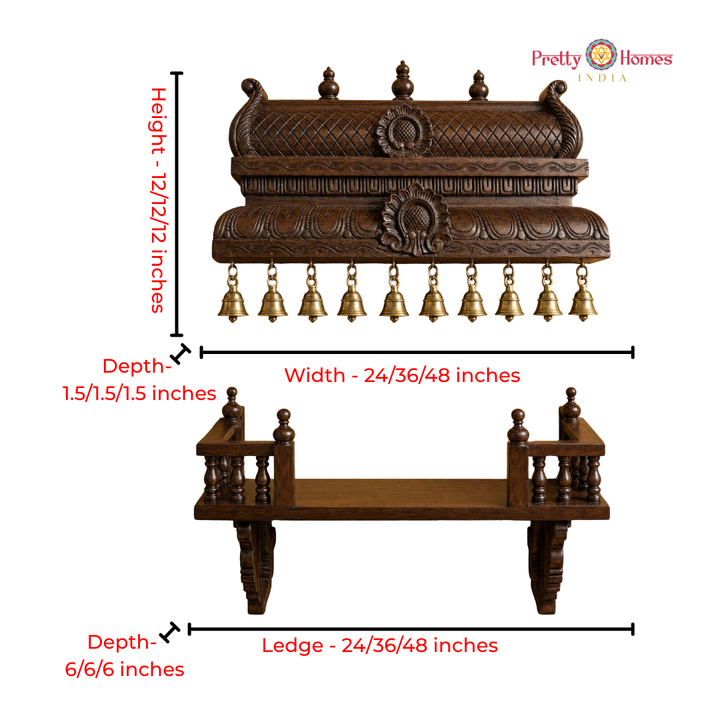 Woodcarved Chettinad-Style Temple Deep Gopuram with Bells & Shelf