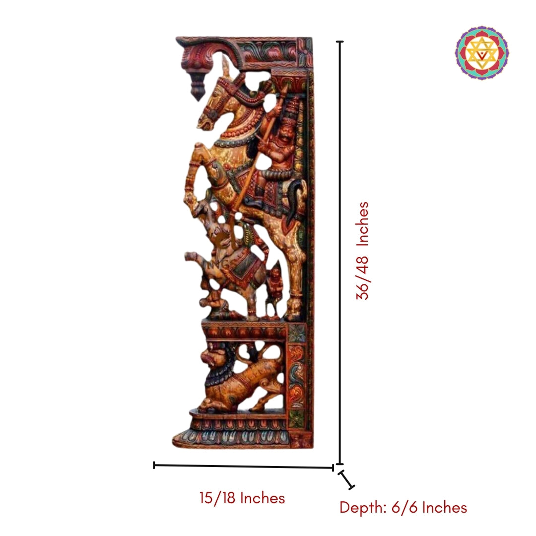 Woodcarved Large Size Architectural design Wall brackets with Horse Rider ,Yalis & Elephants (Pair))