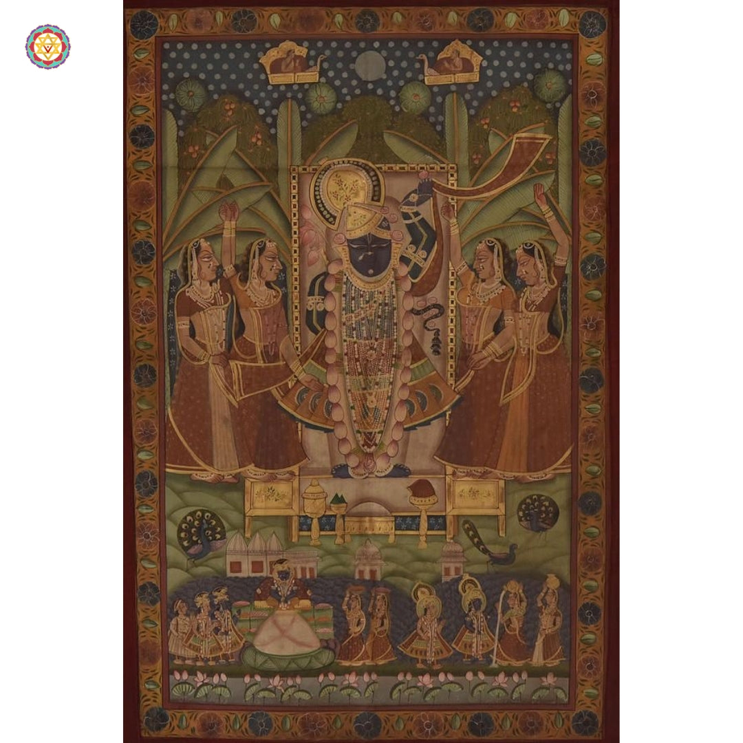 Front view of Shreenathji Pichwai — intricate brushwork depicting multiple divine figures, handcrafted Indian heritage art