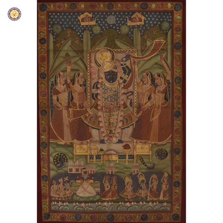 Pichwai: Vintage/ Antique style  pichwai -shreenathji with Gopikas and other gods