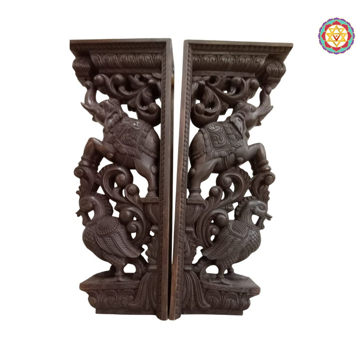 Woodcarved 3” foot trunk up elephants with Annams and vines brackets. (each)