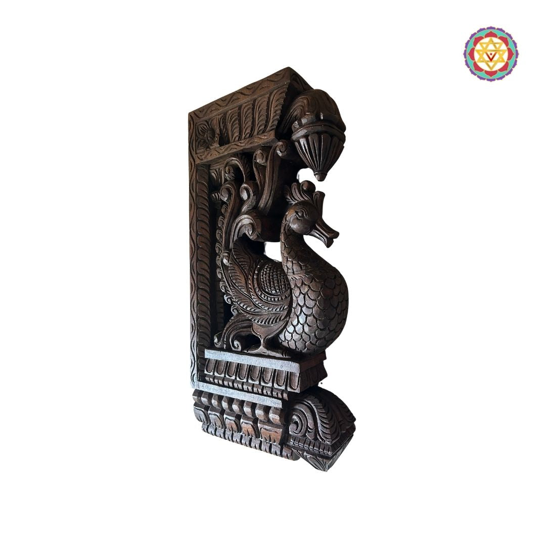 Intricate floral and bird detailing on traditional wooden wall bracket set