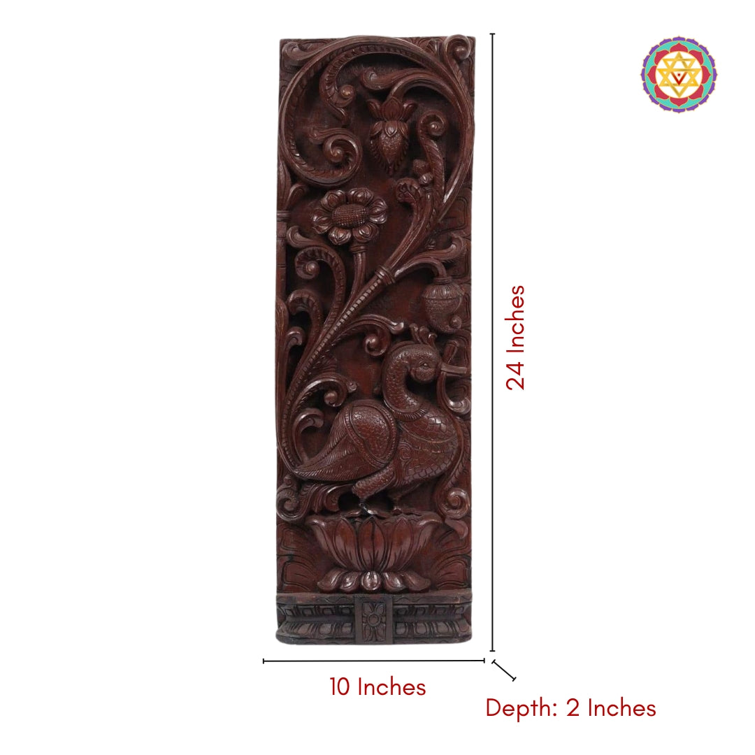 "Dimensions view of carved wooden panel with Annam and lotus motifs – 24x10 inches"