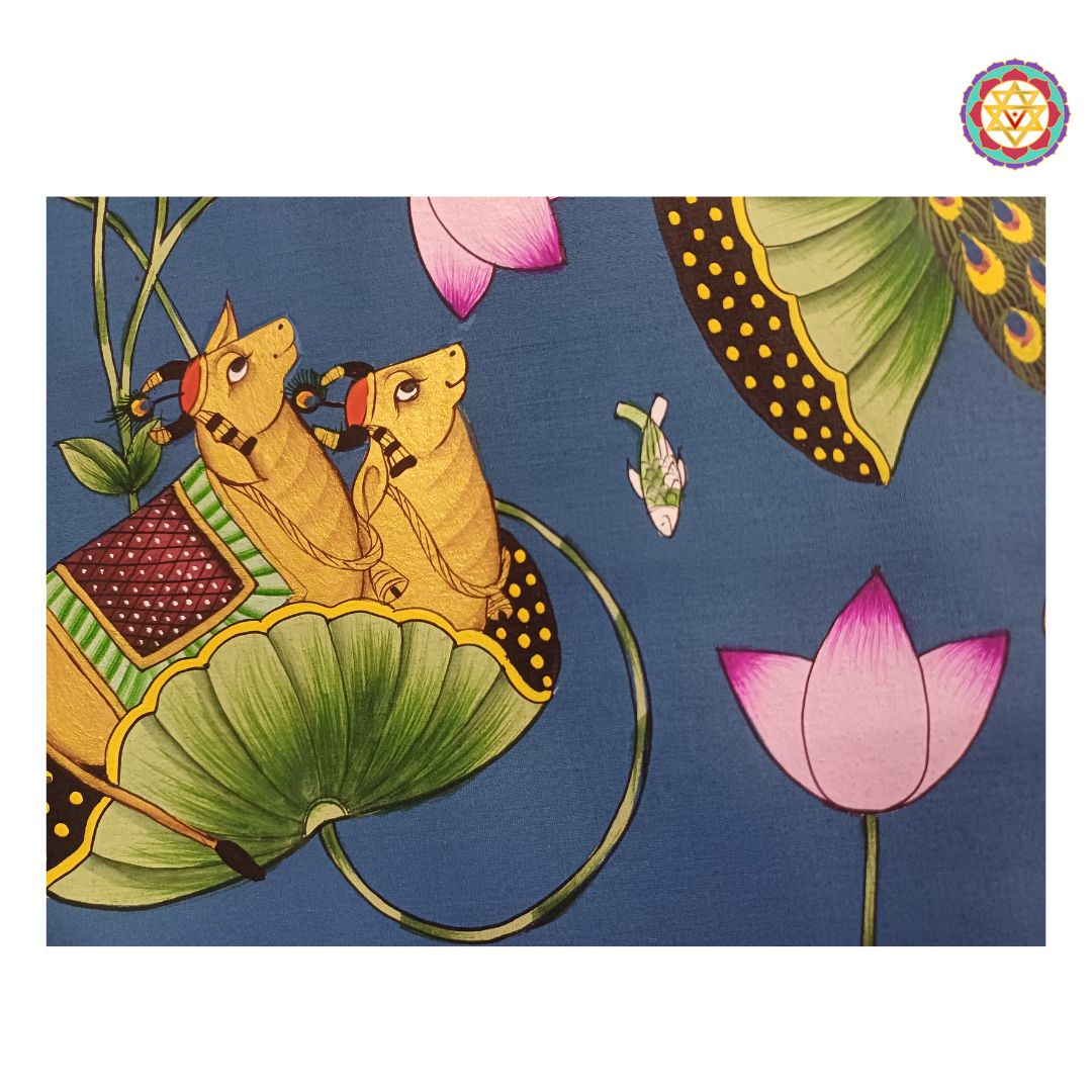 hand-painted shreenathji pichwai painting -Blue Lotus Pond with Cows
