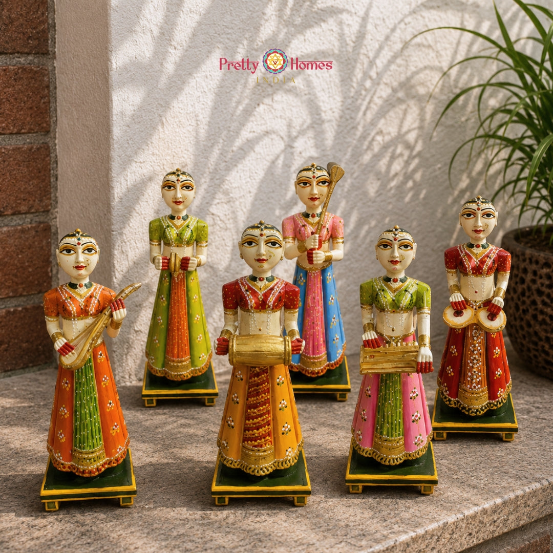 2” Hand-Painted Teak Wood Musical Gangaur Dolls - Set of 6