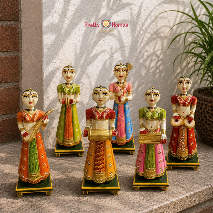 2” Hand-Painted Teak Wood Musical Gangaur Dolls - Set of 6