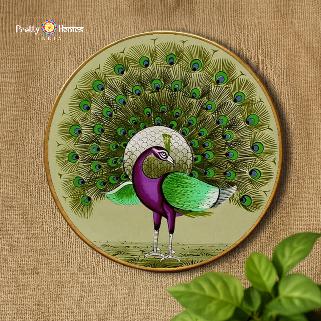Hand-painted dancing peacock wall plate full view