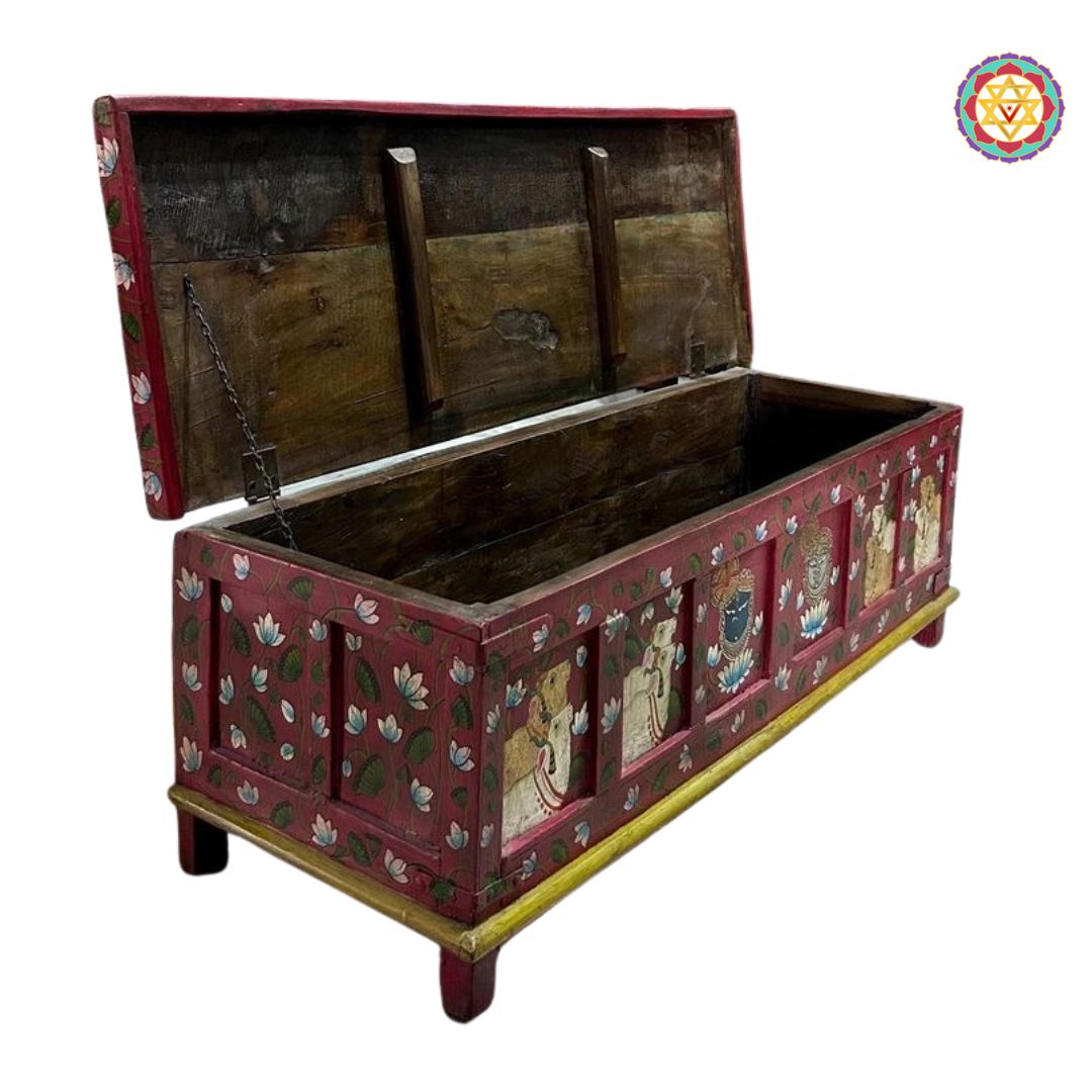 handpainted pichwai trunk table vibrant lotus cow motifs