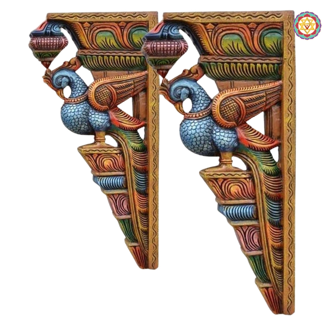 Fine carving detail of parrot wall brackets showing natural wooden polish and artisan craftsmanship