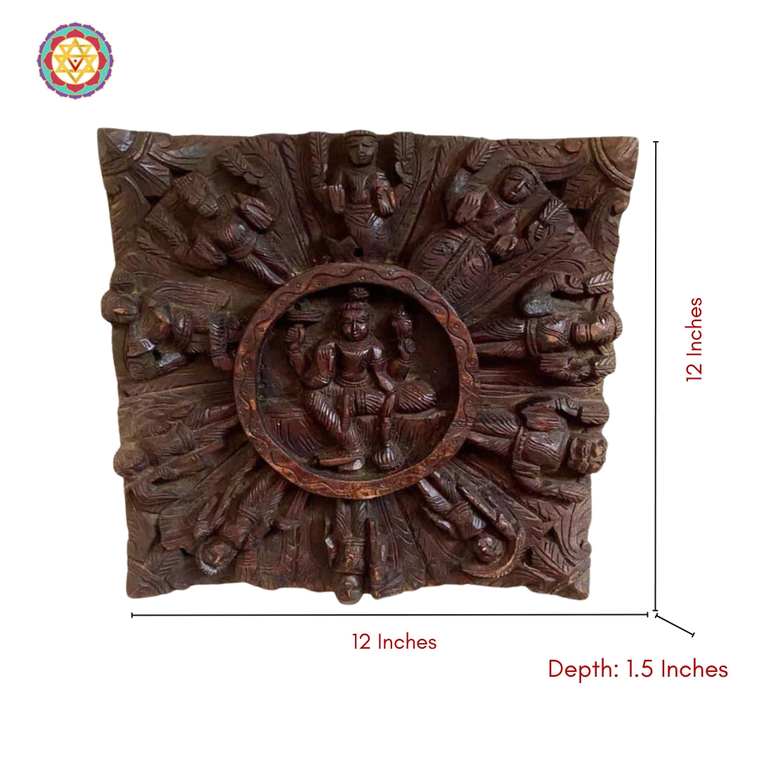Square wooden wall hanging with carved Dashavatar design, measuring 12 x 12 inches with 1.5-inch depth