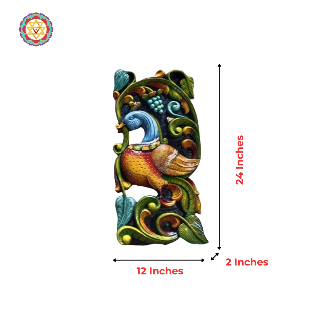 wooden wall decor panel with detailed annapakshi carving and antique finish