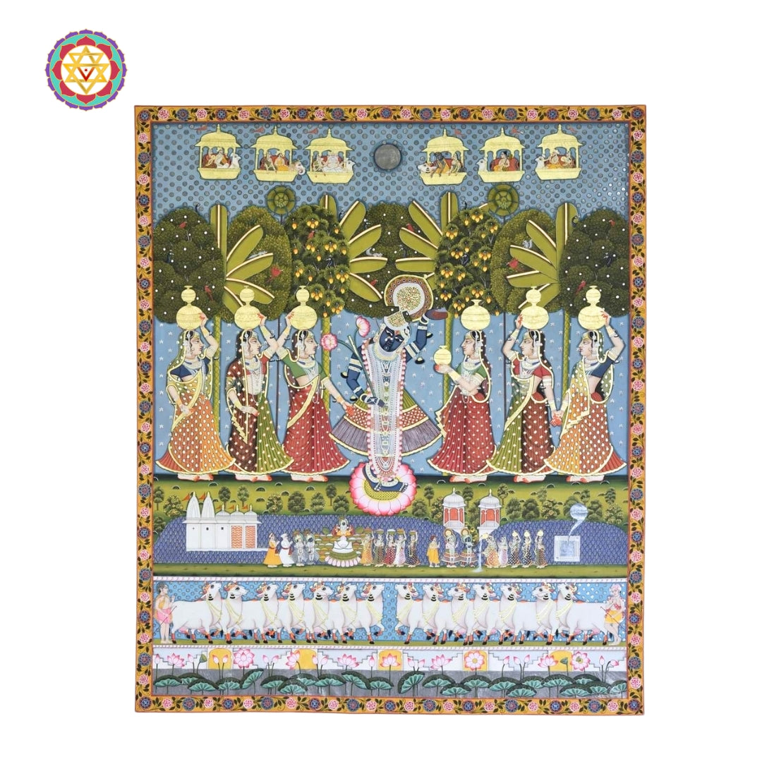 Pichwai - Pichwia- Shrinathji with Gopikas and other gods Done in 22 carat real Gold