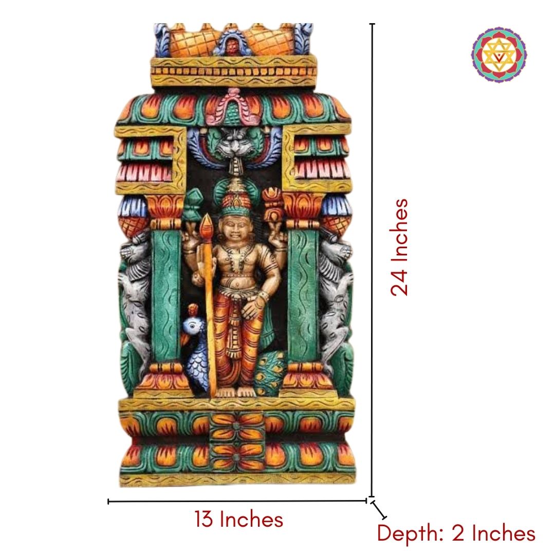 Woodcarved Lord Murugan wall mount /panel.temple gopuram style wall hanging