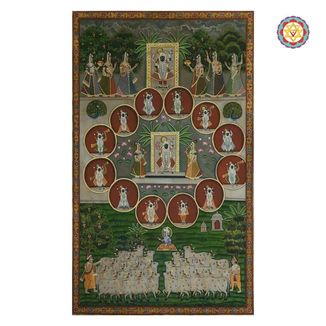 Hand-painted shrinathji pichwai painting, antique style with detailed border and devotional theme.