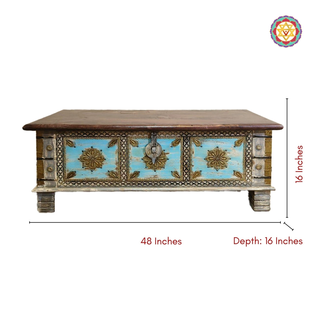 antique blue wooden trunk showing intricate brass detailing