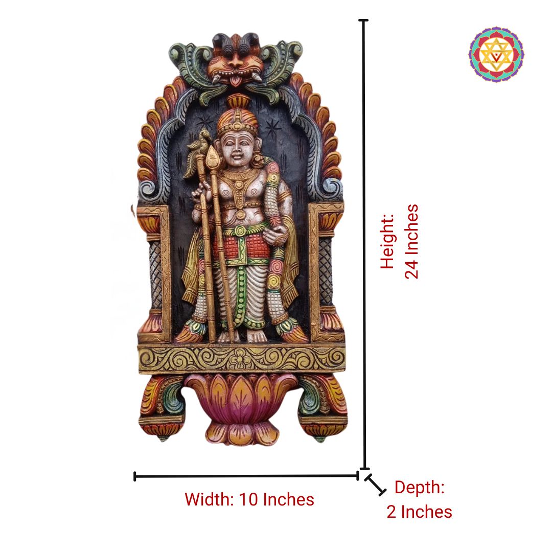 close-up of standing murugan frame highlighting facial carving and lotus motif depth