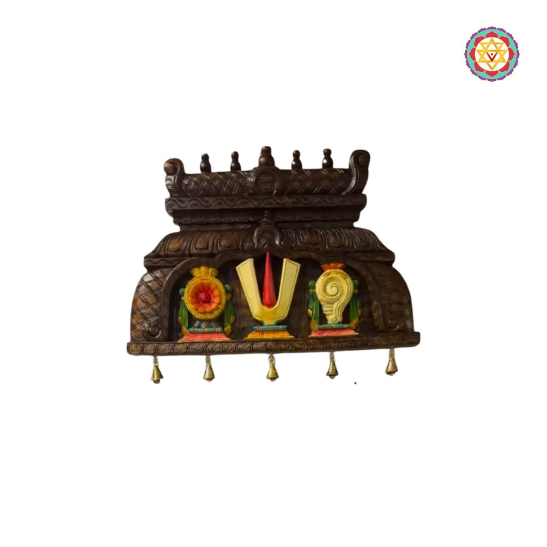 Carved wooden wall panel with Shankh Chakra Namam in temple gopuram design

