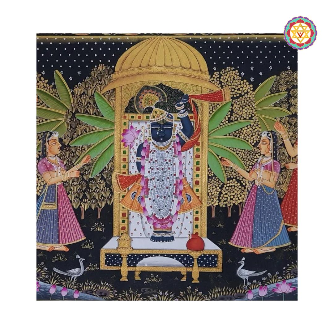 Close-up of Shrinathji and Gopis in hand-painted vintage pichwai artwork, Sharad theme.