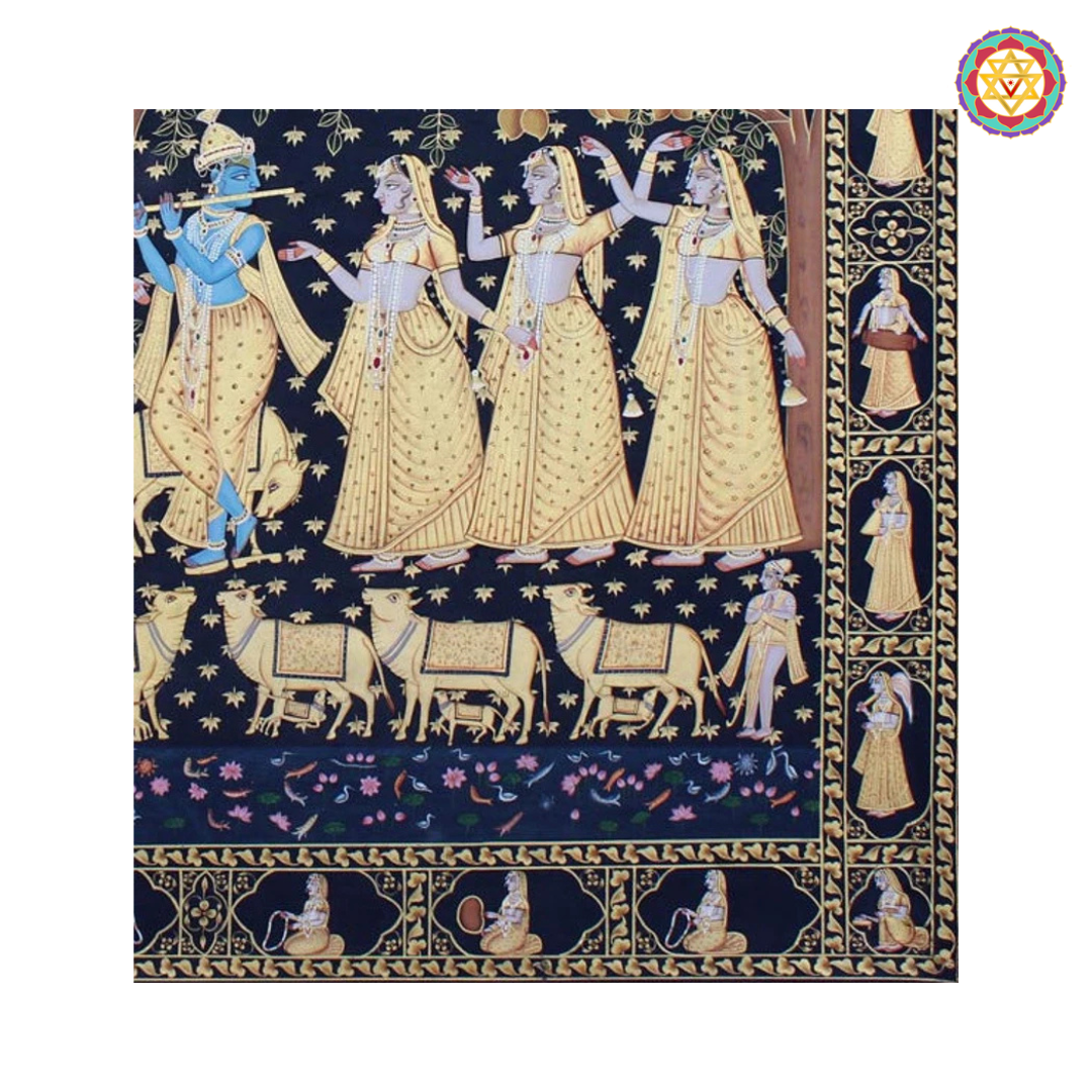 Closeup detailing of Krishna Raas Pichwai gopika border