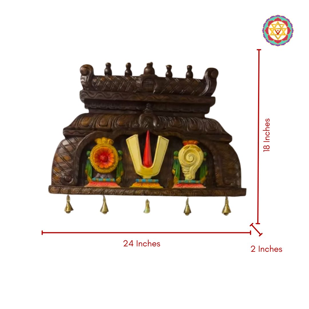Dimension view of multicolour Shankh Chakra Namam wall hanging

