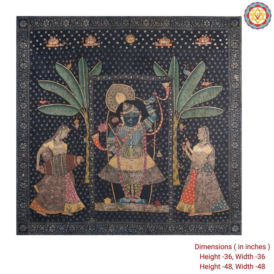 Shrinathji with gopikas and cows in lotus pond full composition showing cows and lotus details
