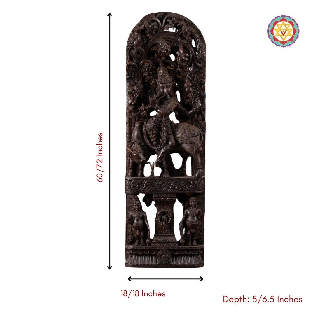 Handcarved Wooden Gopal Krishna Panel Canopy  Sculpture with Playful Cow and Two Gopis