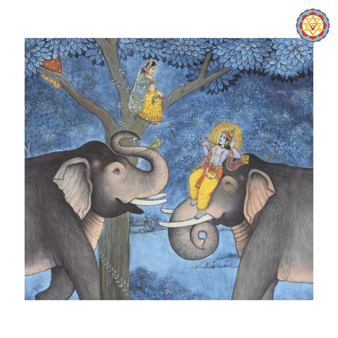 Hand-Painted Pichwai – Krishna with Elephants