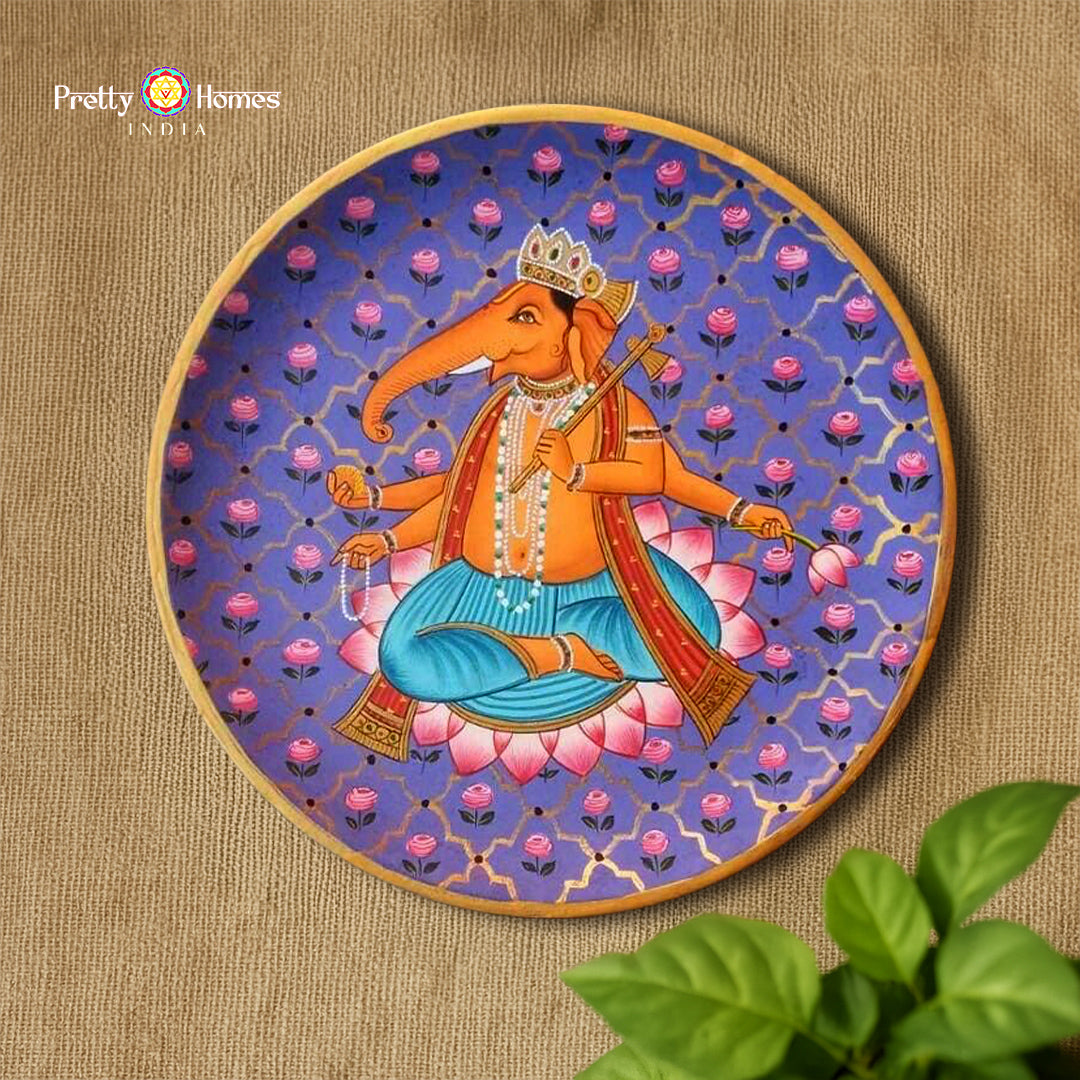 Hand-painted Ganesha with flowers wall plate full view