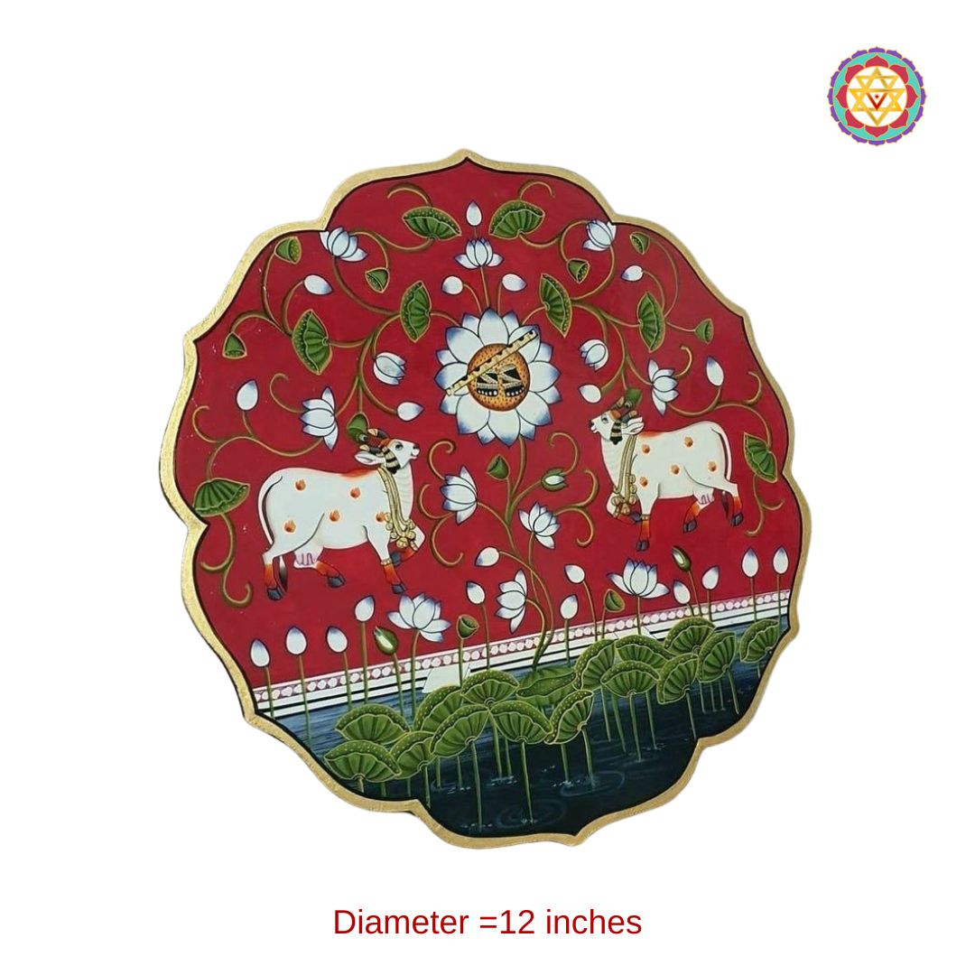 hand-painted petal-shaped pichwai wall plate with cows and lotus design, elegant and traditional artwork