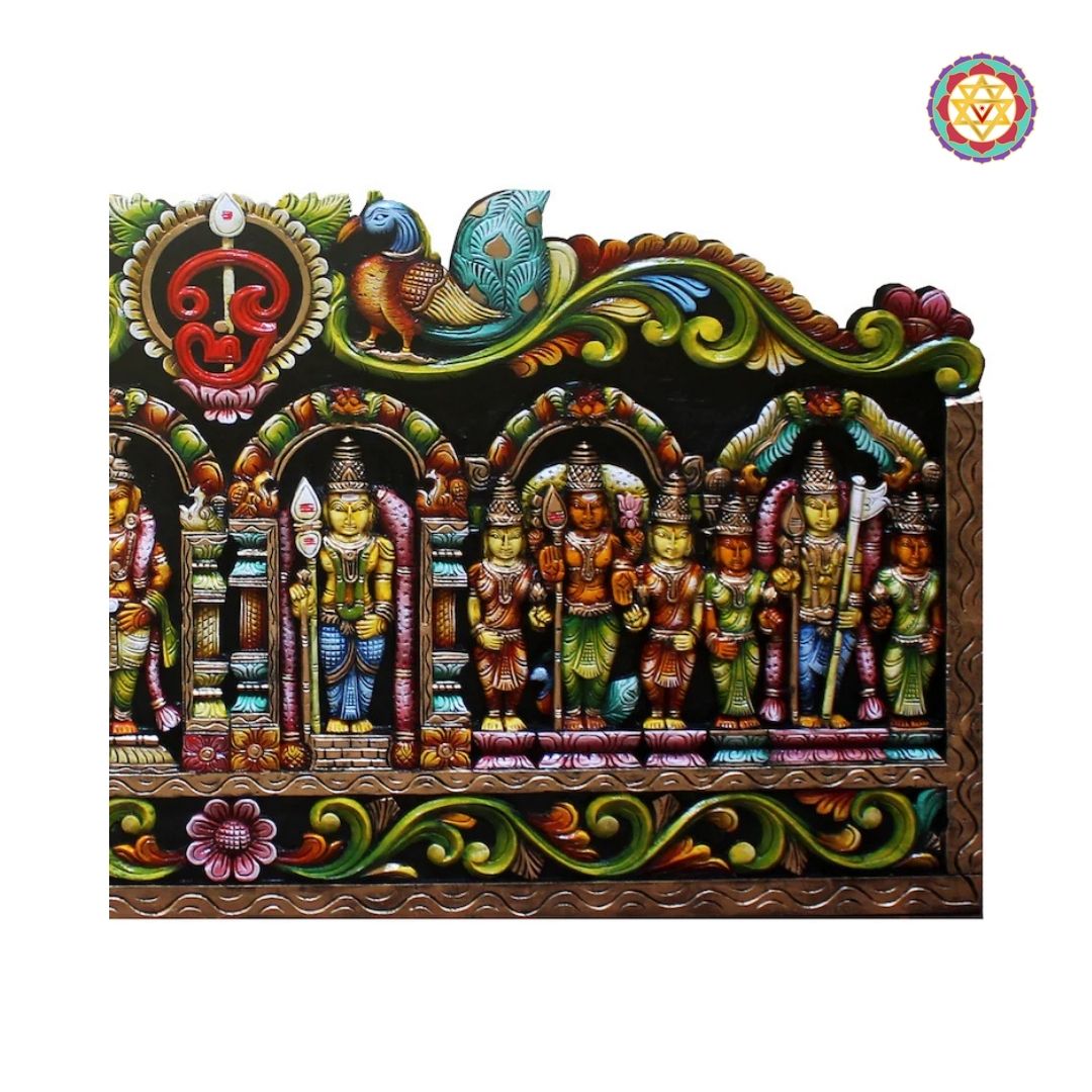 Horizontal Woodcarved 6 temple view Kartike Intricately carved panel/wall hanging