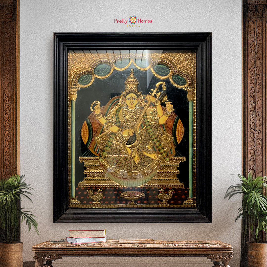 Vintage Handmade Tanjore Painting of Goddess Saraswati with Real Gold Work – Devotional Fine Art