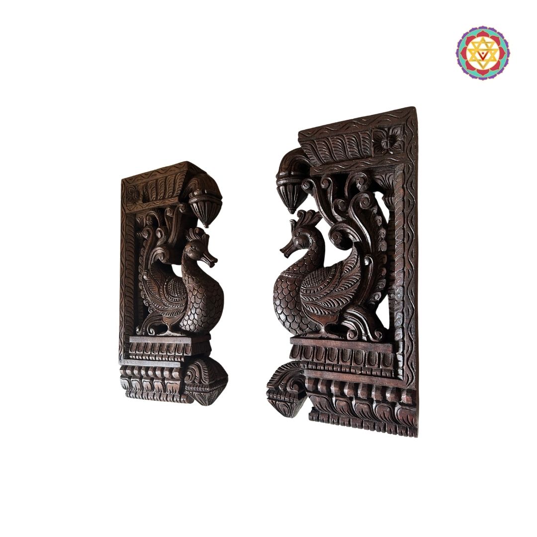 Intricately Handcarved Beautiful Standing Hamsa Bird (Annapakshi) Paired Wooden Wall Brackets (Single)