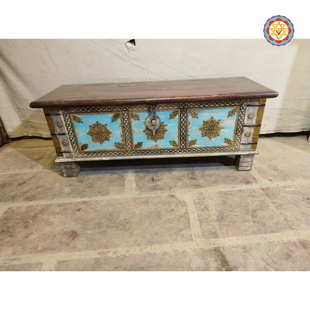 antique-style wooden storage chest with blue distressed finish