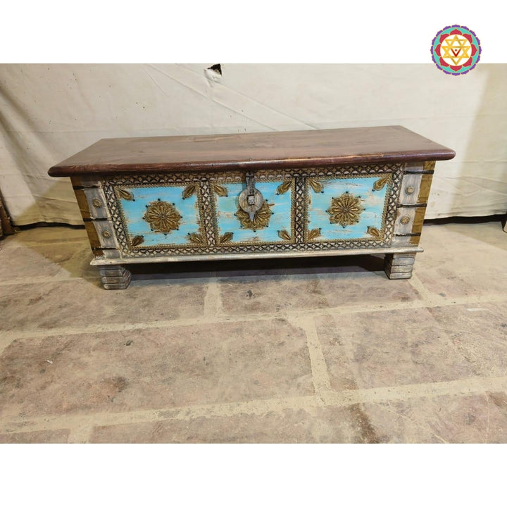 Vintage Blue Wooden Chest/Trunk with Brass Work.