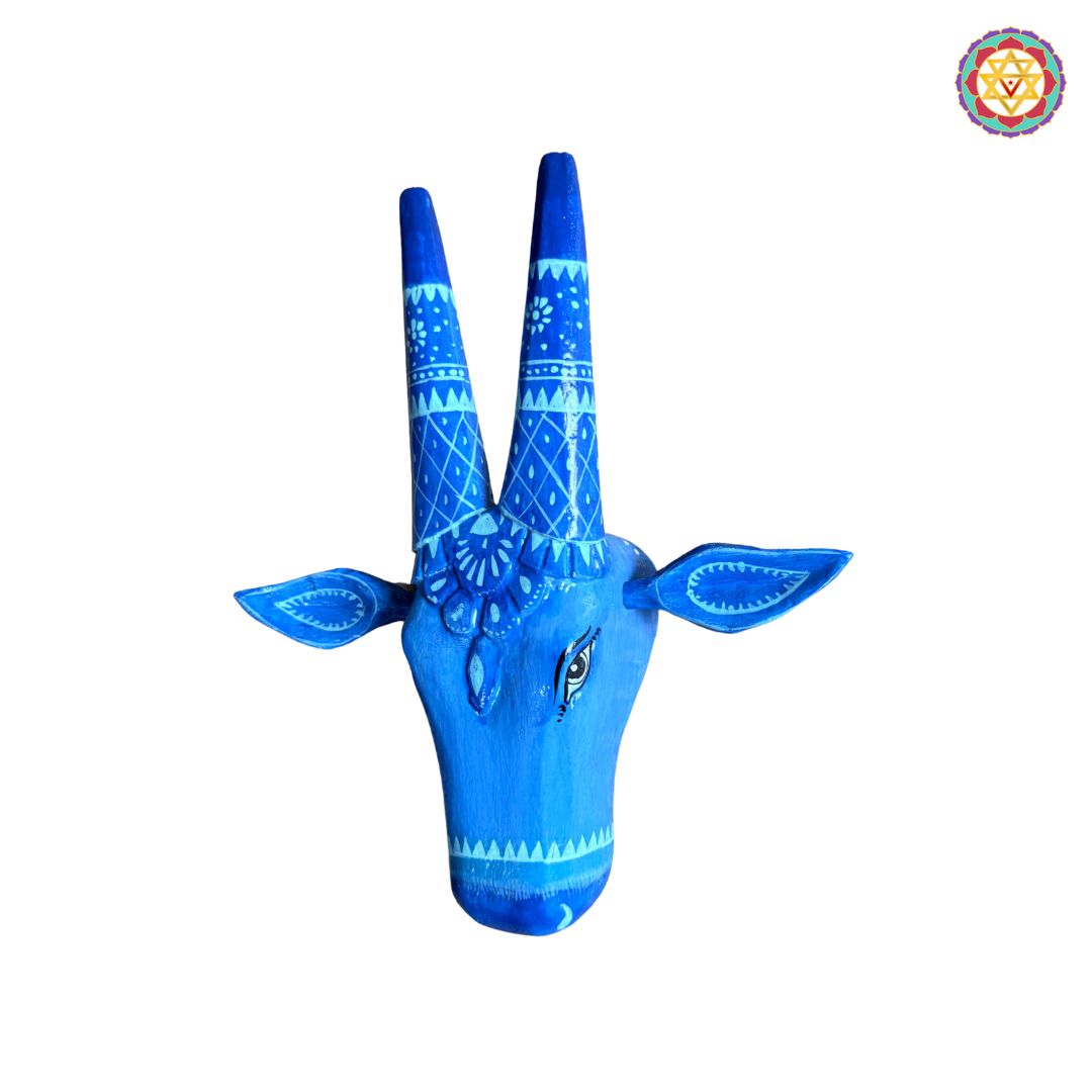 Hand-Painted Blue Cow Head /Nandi – aesthetic Woodcarved Wall Decor