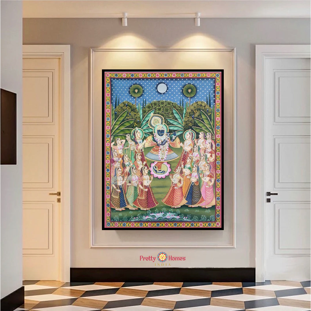 artisanal pichwai painting featuring ram sita and hanuman