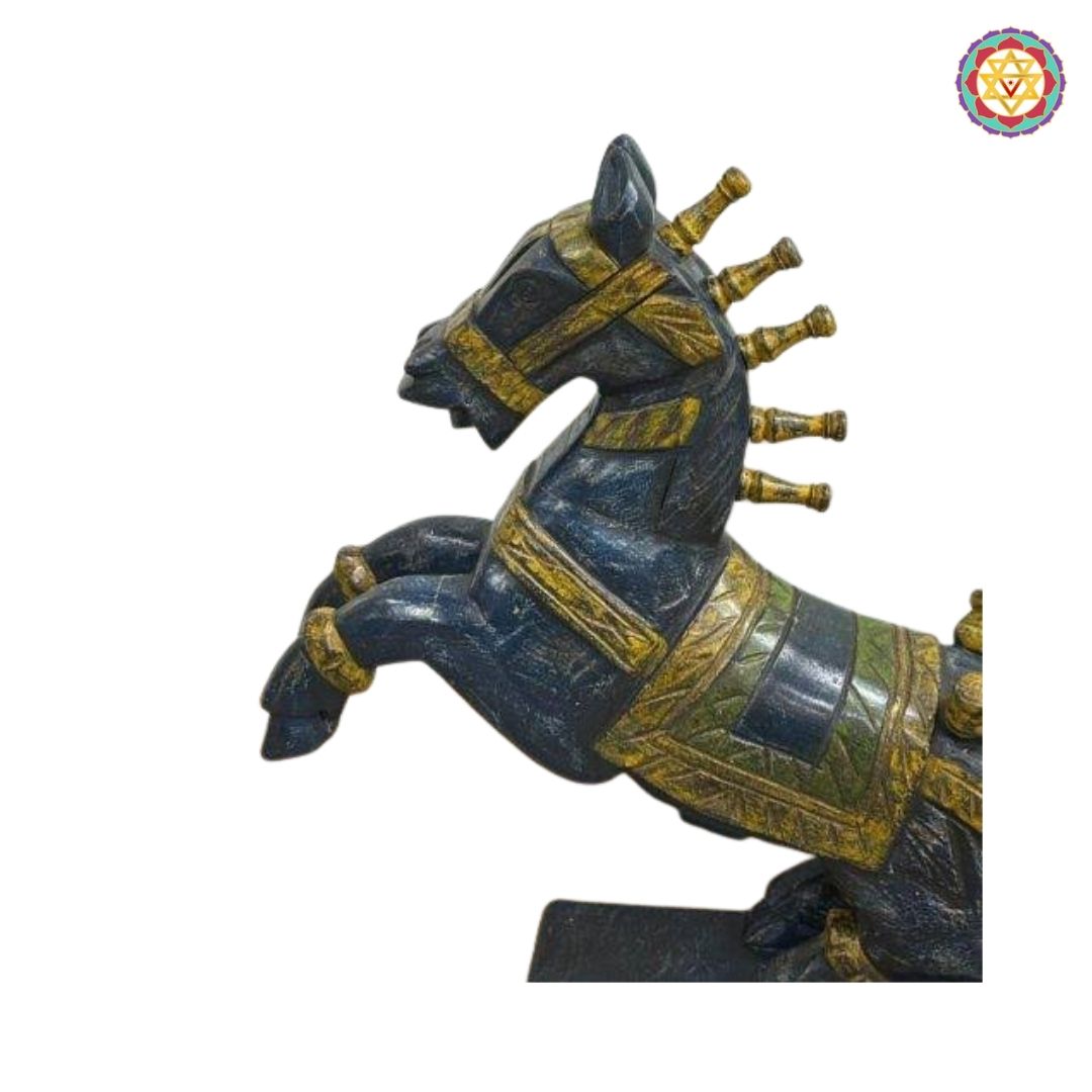 Wooden horse statue styled on shelf in a lifestyle setting