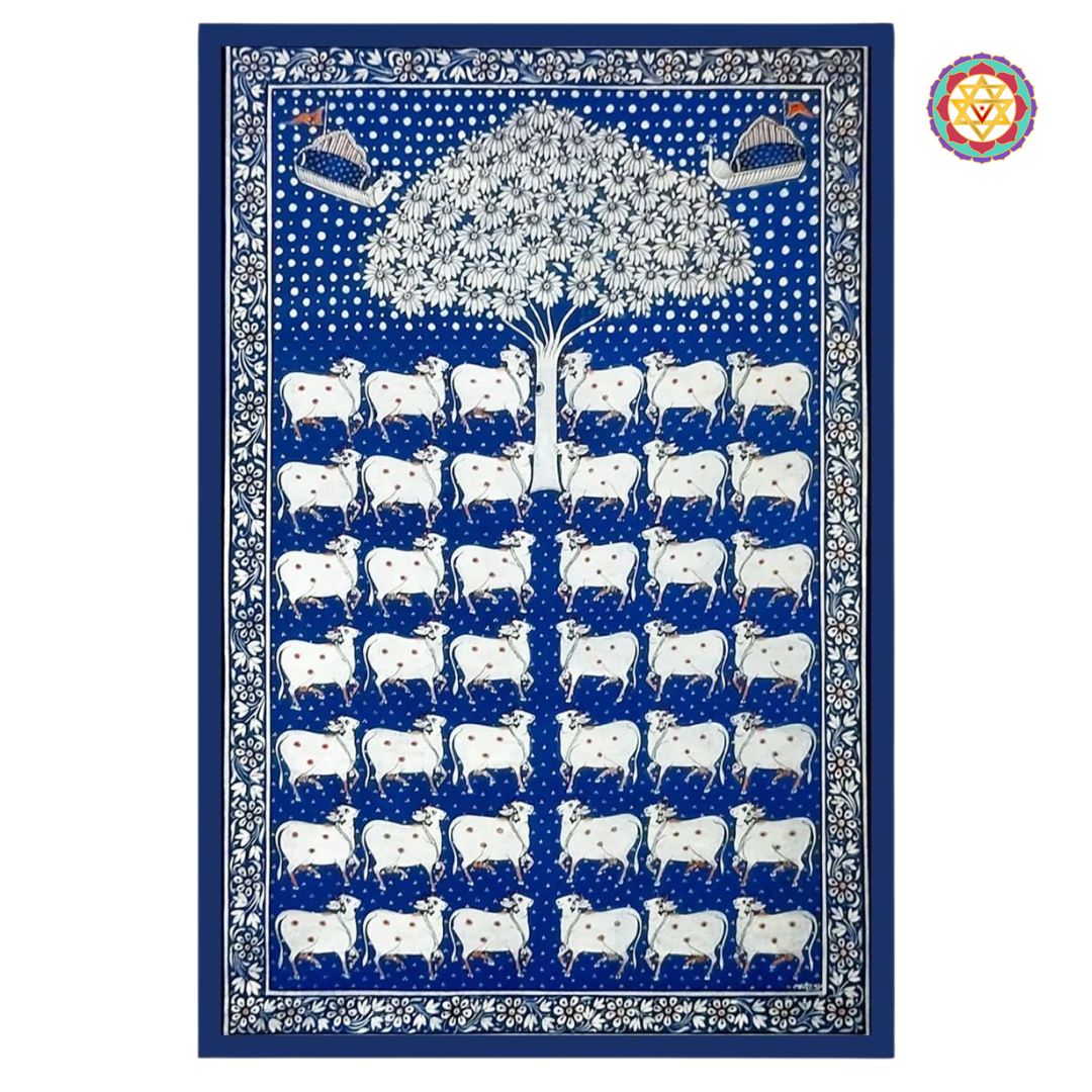 hand-painted pichwai artwork of blue cows under a tree, traditional indian devotional painting with natural pigments