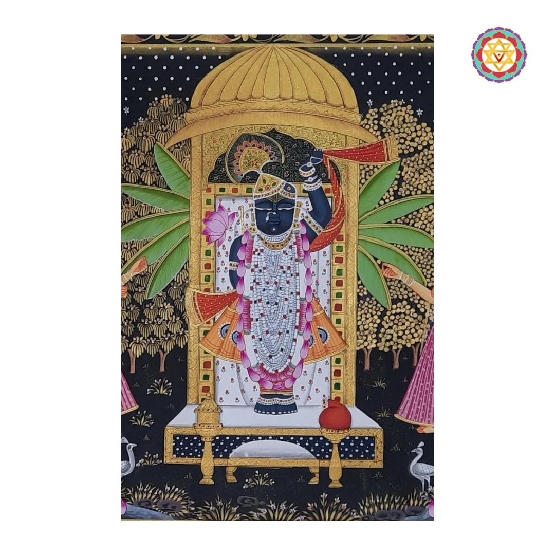 Detail of floral border and Gopis in vintage style Sharad pichwai painting.
