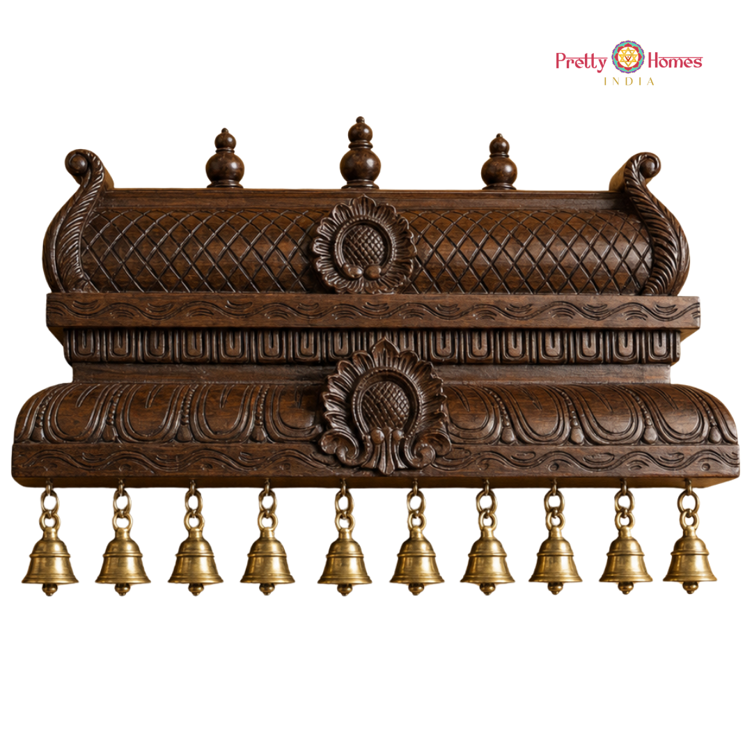 Woodcarved Chettinad-Style Temple Deep Gopuram with Bells & Shelf